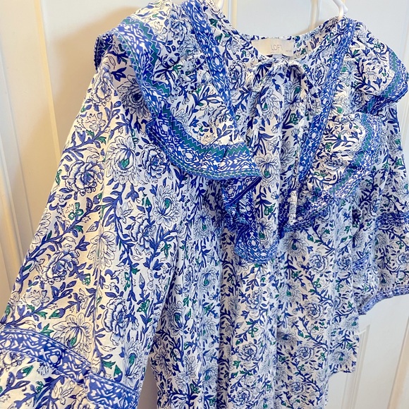 LOFT Ruffle Bib Tie Neck Blouse - Blue - SP - Picture 6 of 10